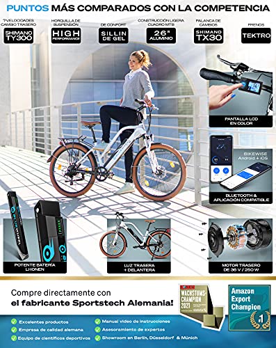 BLUEWHEEL e-Bike 26" para Mujer I Marca Alemana de Calidad I Cumple con normativa UE I Motor Trasero I Shimano 7 Cambios + 25 km/h de Velocidad MAX. y hasta 150 km + App | BXB85 Bicicleta eléctrica