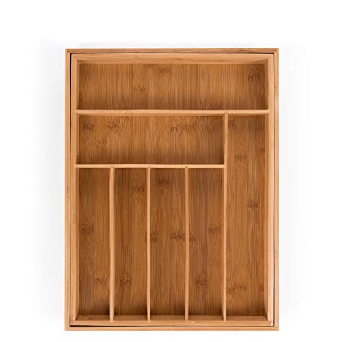 Blumtal Organizador de Cubiertos y cajones de Cocina de Bambú con Compartimentos Ajustables 7 a 9 compartimientos 33,7- 50 x 44,5 x 5 cm (Grande)