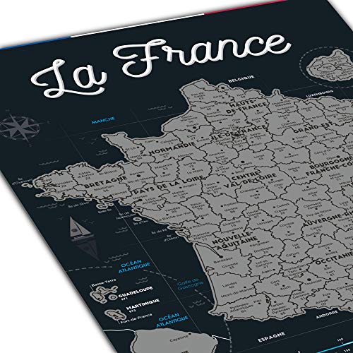 Bonanzana - Mapa de Francia para rascar, póster con regiones francesas, departamentos, alimentos famosos y lugares | Mapa para rascar | 70 x 42 cm