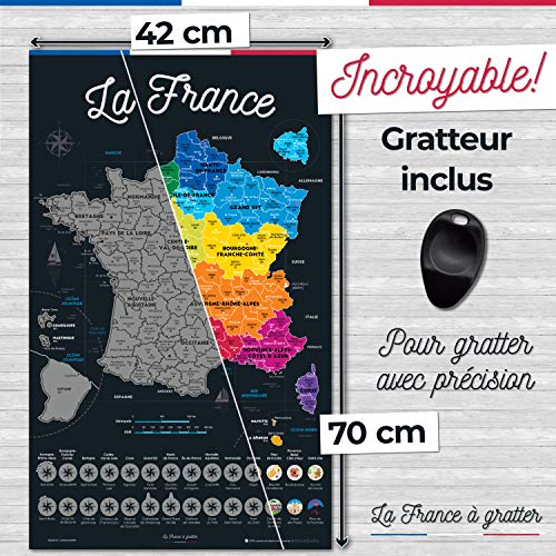 Bonanzana - Mapa de Francia para rascar, póster con regiones francesas, departamentos, alimentos famosos y lugares | Mapa para rascar | 70 x 42 cm
