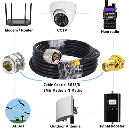 BOOBRIE Cable SMA Macho a N Macho RG58/U 5M Cable de Extensión SMA a N macho Cable Coaxial 50 ohmios WiFi Antena Exterior para WLAN Repetidor Inalámbrico Router Bluetooth ZigBee CDMA GSM DCS 3G 4G