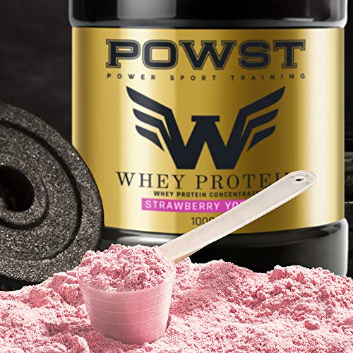 Bote Proteina Whey, Proteína de suero de leche en polvo, 1Kg (sabor Yogur con Fresas) POWST