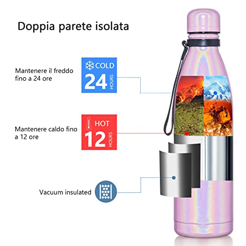 Botella de Agua Acero Inoxidable 500ML, Botella Termica Termo Deportivo con Doble Aislamiento para 12 Horas de Bebida Caliente y 24 Horas de Bebida Fría (Rosa）