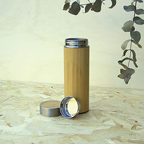 Botella Térmica de Bambú y Acero Inoxidable | Termo para Té con Filtro| Doble Pared e Infusor para Té | Capacidad 430 ml.