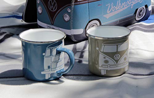 BRISA VW Collection - Volkswagen Furgoneta Hippie Bus T1 Van Set de 2 Tazas de Café Esmaltadas en Caja de regalo, Copas de Té, Decoración de la Mesa/Outdoor/Camping/Souvenir (Azul/Gris)