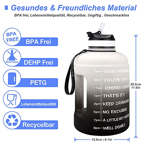 BuildLife Botella de agua motivadora de 2,2 litros con boca ancha y pajita y marcador de tiempo para beber diariamente, sin BPA, reutilizable (gris y negro, 2,2 L)