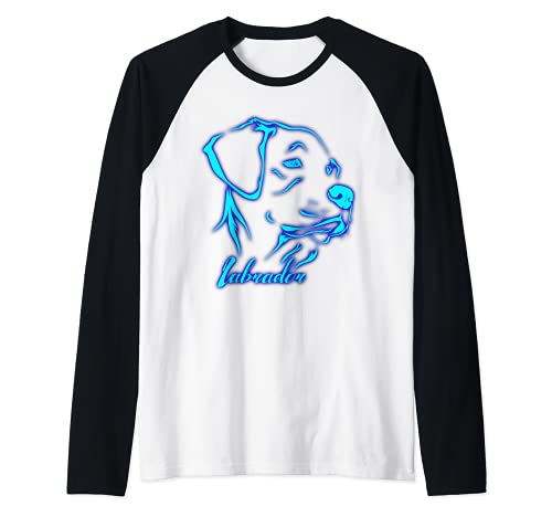 Cabeza de Perro Labrador Azul Vista Lateral Camiseta Manga Raglan