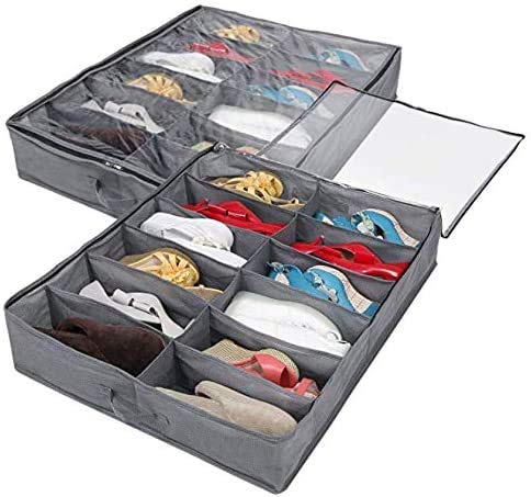 Caja de Almacenamiento de Zapatos, 12 bolsillos Zapatos Organizador de Zapatos de Tela Plegable Para Armario, Organizador de Zapatos con Funda Transparente(2 unidades)