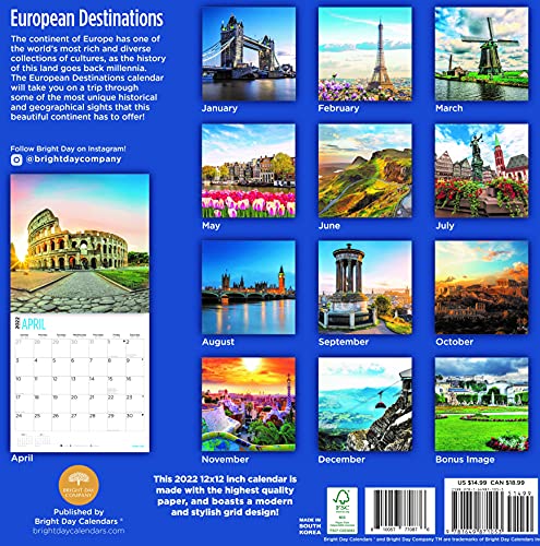 Calendario de pared de destinos europeos 2022 por Bright Day, 12 x 12 pulgadas, hermoso paisaje escénico de viaje
