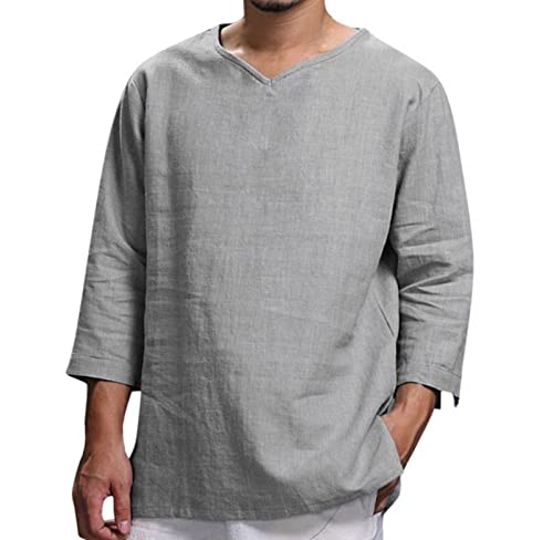 Camisa Holgada de algodón y Lino con Cuello en V de Manga Larga para Hombres Camisa Informal Holgada Retro de Manga Larga