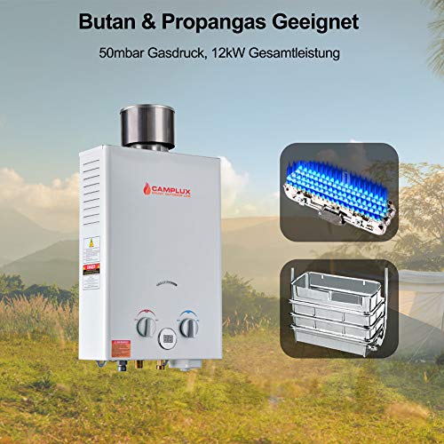 Camplux BW158C - Calentador de agua de gas con cubierta para lluvia, depósito LPG, portátil, 6 litros, 12 kW, 50 mbar, para ducha de camping
