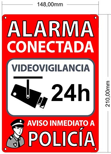 Cartel Alarma Conectada A5 Interior/exterior | Placa Disuasoria PVC Flexible, Cartel Aviso a Policía, 21x15 cm Rojo…