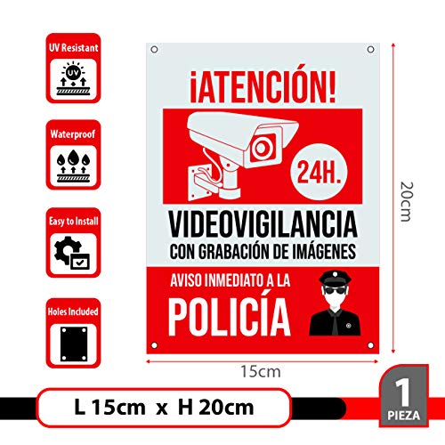 Cartel videovigilancia - Placa alarma conectada - Carteles zona videovigilada - Aviso a la Policía 20x15 cm Rojo Interior/Exterior (1 Pieza Cartel videovigilancia)
