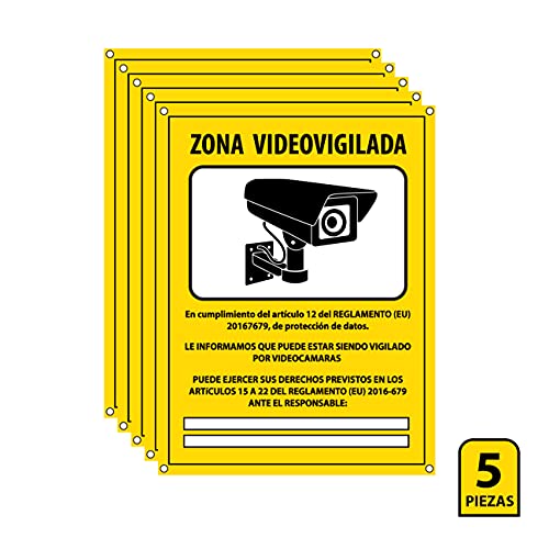 Cartel videovigilancia - Placa zona videovigilada – Carteles cámara vigilancia 20x15 cm - Amarillo Interior-Exterior - PVC (5 Piezas Cartel Videovigilancia)