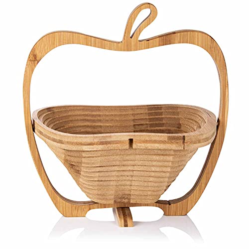 Cesta de fruta plegable de bambú Dimono®, frutero, verdulero y trébede cesta plegable y tabla de cortar, 3 en 1 en bonito diseño de manzana