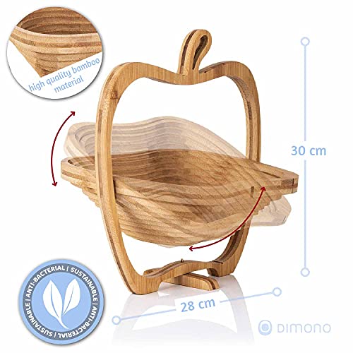 Cesta de fruta plegable de bambú Dimono®, frutero, verdulero y trébede cesta plegable y tabla de cortar, 3 en 1 en bonito diseño de manzana