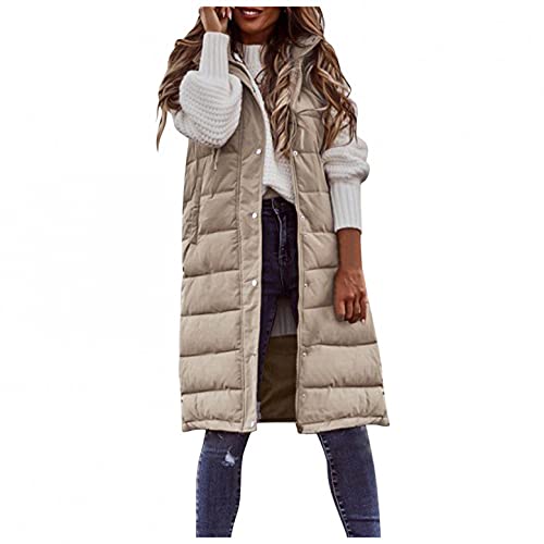 Chaleco de plumón para mujer, abrigo largo de invierno con capucha, abrigo de invierno sin mangas, cálido, de plumón, con bolsillos, chaqueta acolchada para exteriores, beige, XL