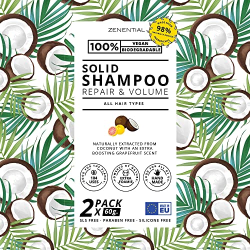 Champú Sólido, 2 Pack 60g - Reparación y Volumen - Todo tipo de cabello - 100% Vegano y biodegradable. Libre de sulfatos y parabenos - de Zenential
