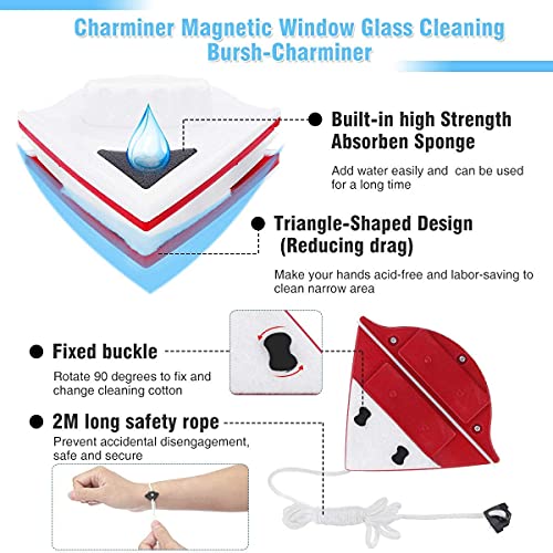 Chanarily Limpiador de vidrio de doble cara, doble cara de limpieza de vidrio para ventanas de 10 a 18 mm de grosor de vidrio único, cuerda antigolpes (2 m) limpiador magnético