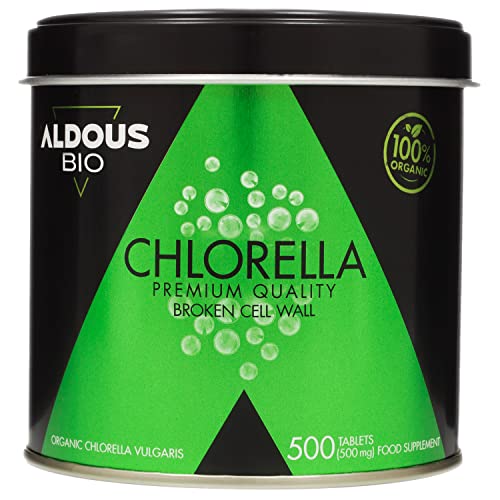 Chlorella Ecológica Premium para 9 Meses - 500 Comprimidos de 500mg - Pared Celular Rota - Vegano - Libre de Plástico - Certificación Ecológica