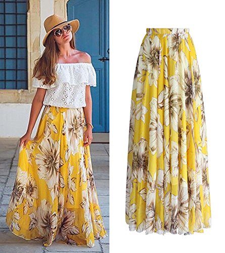 chushi Vestidos de Mujer Gasa Mujer Floral Jersey Gitano Largo Maxi Estampado Completo Falda De Vacaciones Playa Vestido de Novia Zzib (Color : Yellow, Size : M)