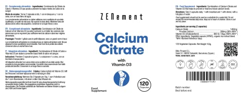 Citrato de Calcio con Vitamina D3, 120 Cápsulas | para prevenir los bajos niveles de Calcio en la sangre | Sin aditivos, Sin Alérgenos, No-GMO | de Zenement