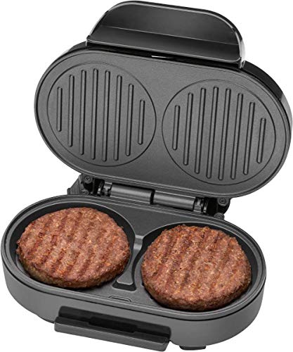 Clatronic HBM 3696 - Grill parrilla para calentar hamburguesas, antiadherente, 2 x moldes de 10,5 cm, bandeja recoge grasa, 1000W