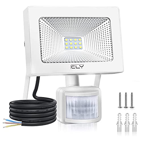 CLY Focos LED Exterior 10W con Sensor de Movimiento Luz Blanca Fría 6500K, IP66 Impermeable, Foco LED con Detector 800LM, Luz Led de Seguridad para Jardins, Garaje, Acera, Escaleras