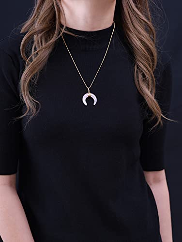 COAI Collar para Mujer de Acero Inoxidable con Colgante Doble Cuerno Luna Creciente de Cuarzo Rosa