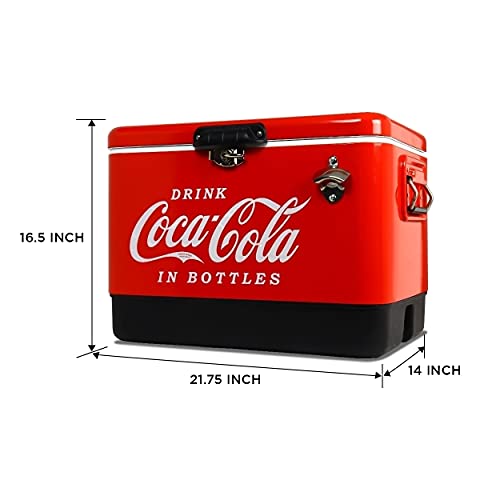 Coca-Cola Exclusivo enfriador de bebidas con abrebotellas de 51 l/54 cuartos de galón para camping, playa, RV, barbacoas, portón trasero, pesca (rojo)