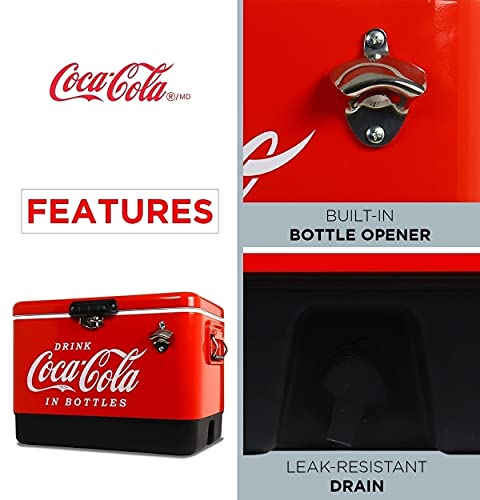 Coca-Cola Exclusivo enfriador de bebidas con abrebotellas de 51 l/54 cuartos de galón para camping, playa, RV, barbacoas, portón trasero, pesca (rojo)