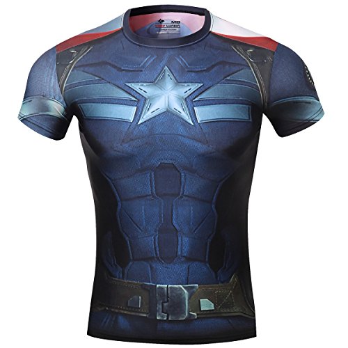 Cody Lundin Camiseta de compresión para hombres, Gorra de Héroe Steve, Los Vengadores 2 azul azul oscuro Medium