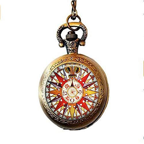 Collar de reloj de bolsillo con brújula roja y naranja, náutica, marinero, viajes, imagen de brújula, regalo de joyería