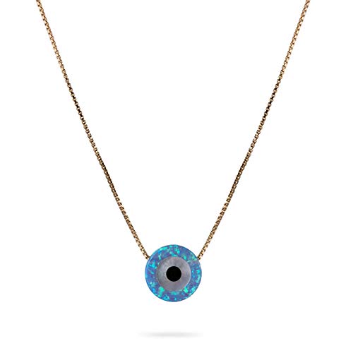 Collar Evil Eye 14K o relleno con colgante sintético azul opal de longitud ajustable 41cm + 5cm de extensión