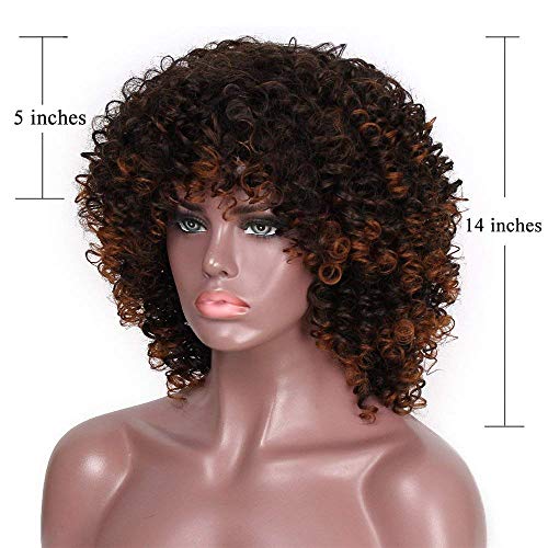 ColorfulPanda Afro Pelucas de pelo rizado para mujer negra, pelo natural negro marrón mezclado, pelucas brasileña de pelo sintéticas onduladas con Flequillo de Para Mujeres Fiesta Halloween Disfraz