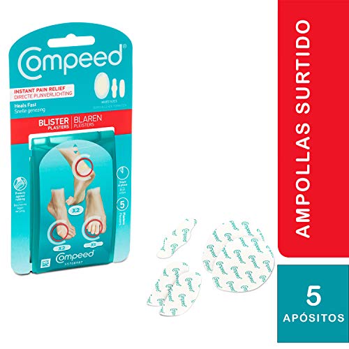 COMPEED Ampollas Surtido, 5 Apósitos Hidrocoloides - Tratamiento de Pies, Un paquete contiene 2 x Medianas (6,8 x 4,2 cm), 2 x Pequeñas (6,0 x 2,0 cm), 1 x Entre dedos (5,1 x 1,7 cm)