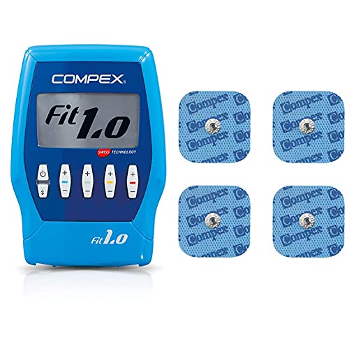 Compex Fit 1.0 Electroestimulador, Unisex, Azul + 6260760 Electrodos Easysnap Performance, 5 X 5 cm, Pack de 4