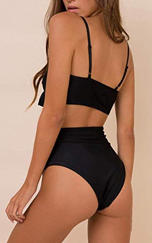 Conjunto de Bikini de Cintura Alta para Mujer Traje de Baño de Dos Piezas Traje de Baño de Nudo de Corbata de Guinga(Negro,L)