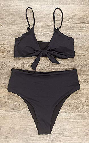 Conjunto de Bikini de Cintura Alta para Mujer Traje de Baño de Dos Piezas Traje de Baño de Nudo de Corbata de Guinga(Negro,L)