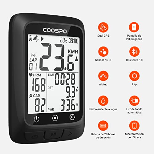 COOSPO BC107 Ciclocomputador GPS y Sensor de Velocidad/Cadencia Bluetooth 5.0 Ant +, Computadora de Ciclismo con IP67 Impermeable, Bicicleta GPS para Bicicleta de Carretera MTB