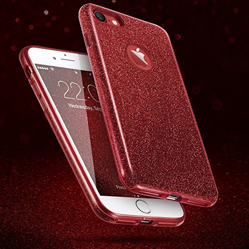 Coovertify Funda Purpurina Brillante Red Rose iPhone 8, Carcasa roja Resistente de Gel Silicona con Brillo Rojo Rosa para Apple iPhone 8 (4,7")
