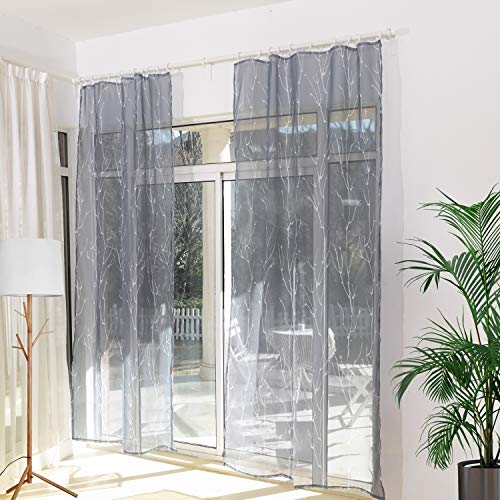 Cortinas de voile con cinta fruncida, cortinas transparentes para riel gris, cortina con diseño de ramas, para salón o dormitorio (juego de 2, 175 x 135 cm)