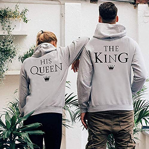 Couples Shop Pareja Sudadera con Capucha The King His Queen Hoodie - 1x Suéter Hombre Gris M