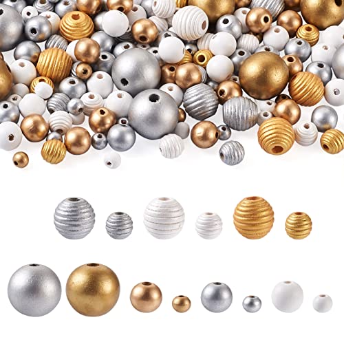 Craftdady 410 piezas de plata oro blanco cuentas de madera en aerosol impreso redondo macramé encanto para joyería pulsera fabricación de adornos de Navidad guirnalda decoración del hogar