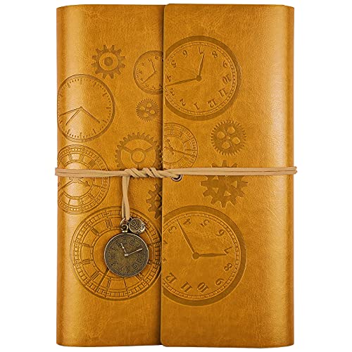 Cuaderno de piel con espiral vintage, diario de viaje, diario de escritura, con papel de línea, regalo para niñas, niños, A5, 23 x 16,5 cm, color amarillo