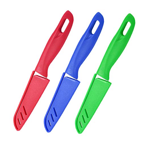 Cuchillo de frutas, 3 piezas de cuchillo de cocina pequeño afilado y duradero con cubierta protectora, apto para la mayoría de tipos de verduras, frutas y carne (azul, verde, rojo)