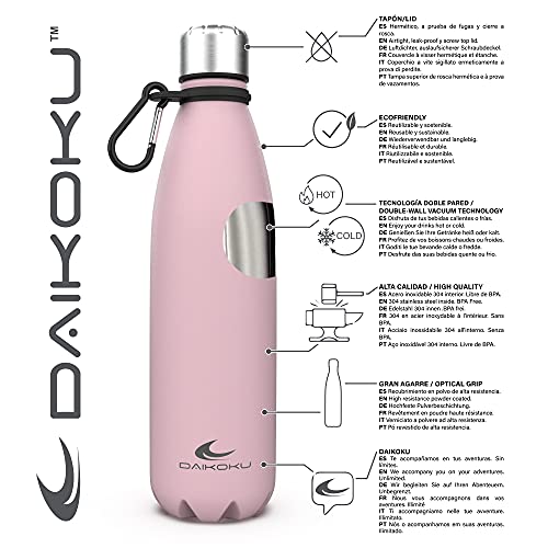 Daikoku Botella Acero Inoxidable + Cinta ajustable + Mosquetón, Termo Doble Pared Libre de BPA, Botella Agua Reutilizable, Tapón Hermético, Color Rosa , Capacidad 500 ML