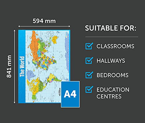 Daydream Education - Mapamundi, póster geográfico, papel laminado brillante de 850 mm x 594 mm (A1), póster para clase de geografía, mapa educativo