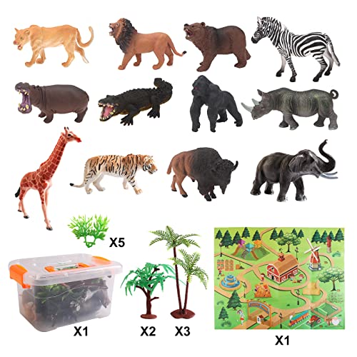 deAO Mi Pequeño Safari Juego de Zoológico con Surtido de Animales y Accesorios, Mapa de Parque y Caja de Almacenaje Incluida – Conjunto Coleccionable Infantil