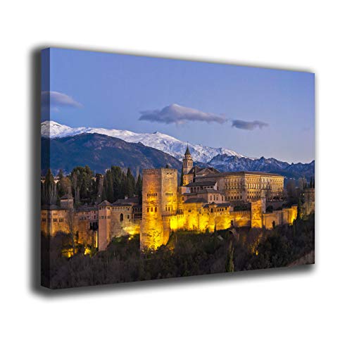 Desconocido Cuadro Lienzo Canvas Alhambra Granada Luces al Atardecer Sierra Nevada Pico Veleta – Varias Medidas - Lienzo de Tela Bastidor de Madera de 3 cm - Impresion en Alta resolucion (120, 70)